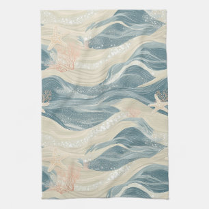 Elegantes Navy-Gold-Küstenwellen-Seestern Geschirrtuch