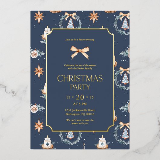 Elegantes Navy & Gold Weihnachts-Party Folieneinladung (Vorderseite)