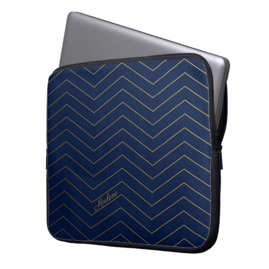 Elegantes Navy-Gold Zickzack Muster mit Individuel Laptopschutzhülle (Vorderseite Links)