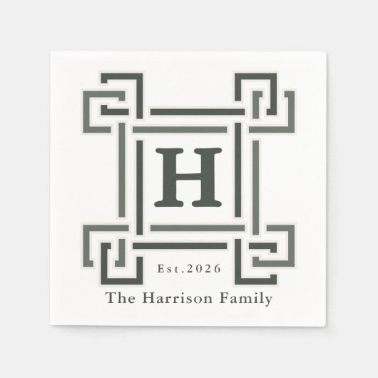 Elegantes Navy-Grau-Monogramm Familienname Serviette (Vorderseite)