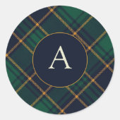 Elegantes Navy-Grün-Karomuster-Monogramm Runder Aufkleber (Vorderseite)