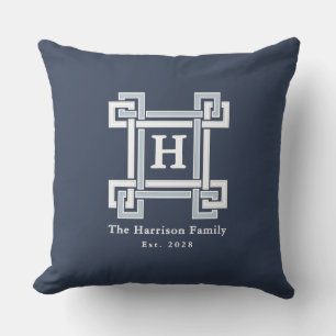 Elegantes Navy-Küsten-Griechisch-Schlüssel-Monogra Kissen