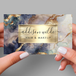 Elegantes Navy-Lila und Gold-Wasserfarben-Marmor Visitenkarte