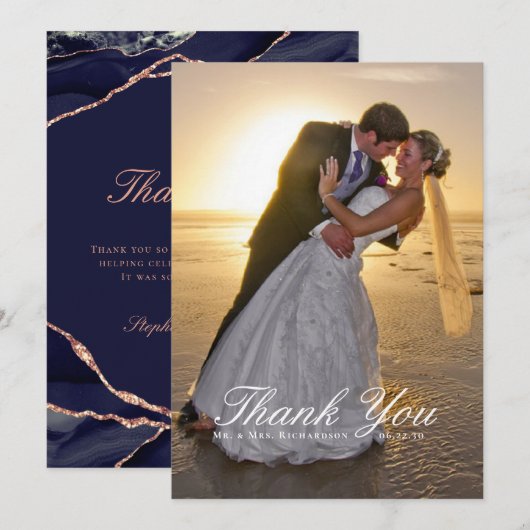 Elegantes Navy Rose Gold Foil Agate Wedding Foto Dankeskarte (Vorne/Hinten)