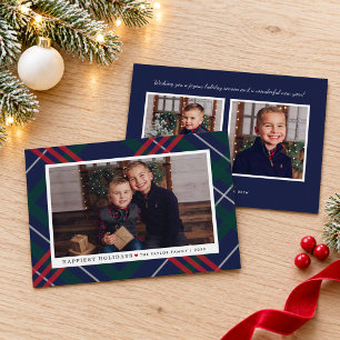 Elegantes Navy Rot Grün Tartan Karo Multi-Foto Feiertagskarte