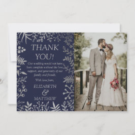 Elegantes Navy & Silver Floral Wedding Foto Dankeskarte