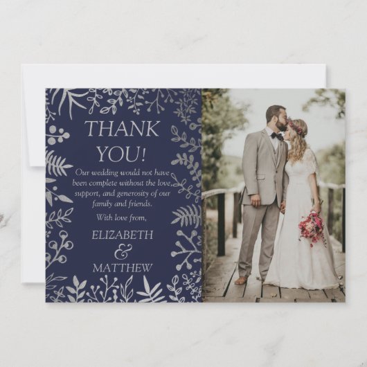 Elegantes Navy & Silver Floral Wedding Foto Dankeskarte (Vorderseite)