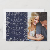 Elegantes Navy & Silver Floral Wedding Foto Save The Date (Vorderseite)