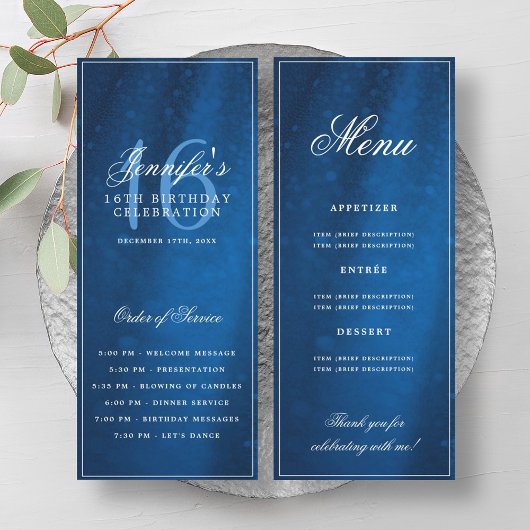 Elegantes Navy-Sparkle-Programm-Menü zum 16. Gebur Einladung