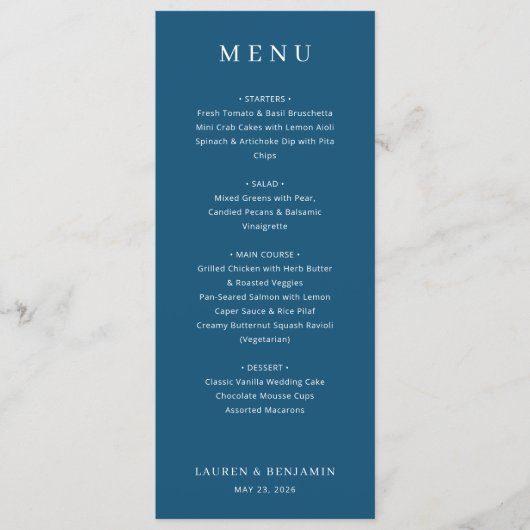 Elegantes Navy-Typografie-Menü Menükarte (Vorderseite)