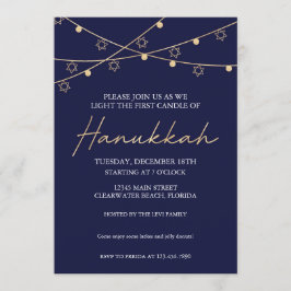 Elegantes Navy- und Gold Light Strings Hanukkah Pa Einladung