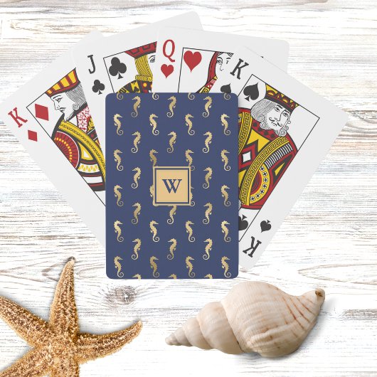 Elegantes Navy- und Gold-Seepferdchen mit Initiale Spielkarten