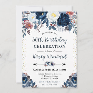 Elegantes Navy- und Hellblau-Blumenmuster zum 50.  Einladung