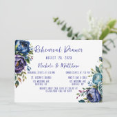 Elegantes Navy und Turquiose Rose Probe Abendessen Einladung (Stehend Vorderseite)