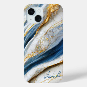 Elegantes Navy Weiß Goldadern Marmor Monogramm Case-Mate iPhone Hülle