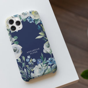 Elegantes Navy White Floral Winter Monogramm iPhone 14 Hülle