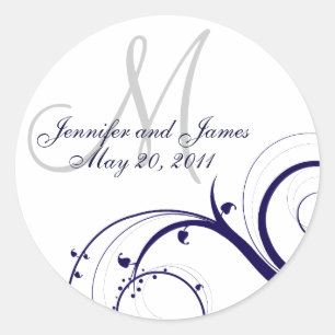 Elegantes Navy White Swirl Monogram Wedding Siegel Runder Aufkleber