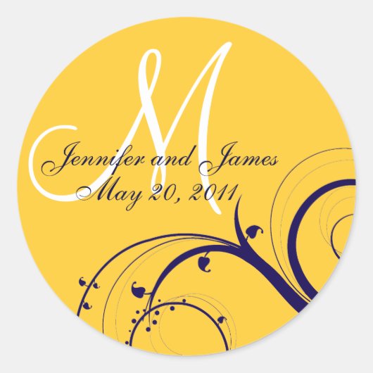Elegantes Navy Yellow Swirl Monogram Wedding Siege Runder Aufkleber (Vorderseite)