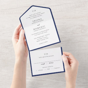 Elegantes Navyblau-Monogramm Moderne Hochzeit All In One Einladung