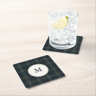 Elegantes Navyblau- und Grün-Karo-Monogramm Rechteckiger Pappuntersetzer