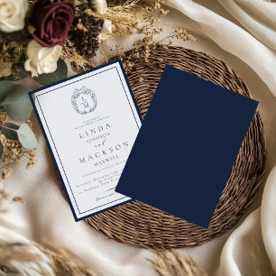 Elegantes navyblaues botanisches Wappen-Monogramm  Einladung
