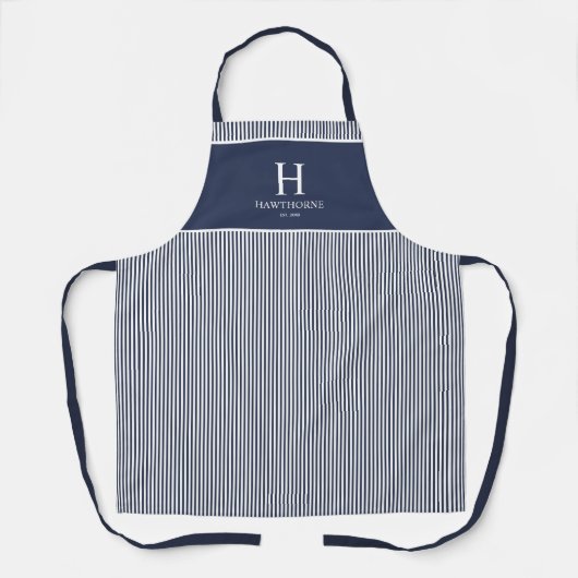 Elegantes navyblaues Streifenmonogramm Name Schürze (Vorderseite)