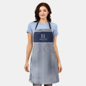 Elegantes navyblaues Streifenmonogramm Name Schürze (Getragen)