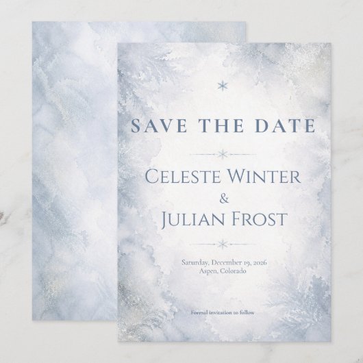 Elegantes nebelblaues Winterfrost-Timeless Save The Date (Vorne/Hinten)