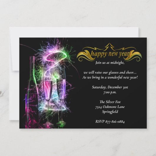 Elegantes Neon Champagne Silvester Party Einladung (Vorderseite)