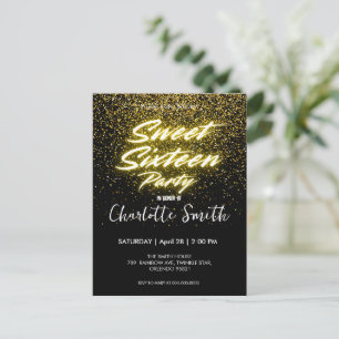 Elegantes neon Gold Schwarz retro Sweet 16. Geburt Postkarte