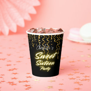Elegantes Neon Gold Schwarzes Retro Sweet 16. Gebu Pappbecher