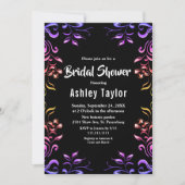 Elegantes Neon Rose Black Floral Brautparty Einladung (Vorderseite)