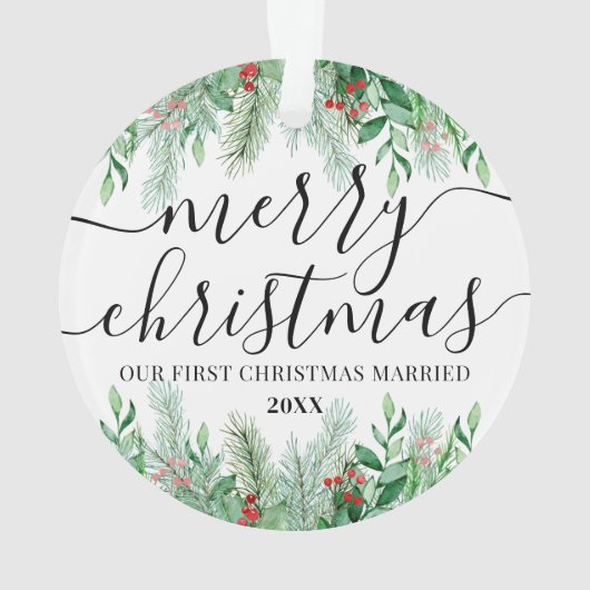 Elegantes neu verheiratetes Foto Verheiratete Weih Ornament (Rückseite)