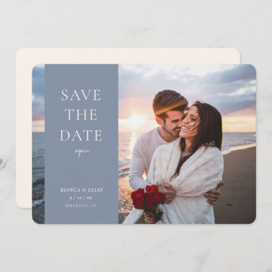 Elegantes neues Datum Modernes Script Foto Dusty B Save The Date (Vorne/Hinten)