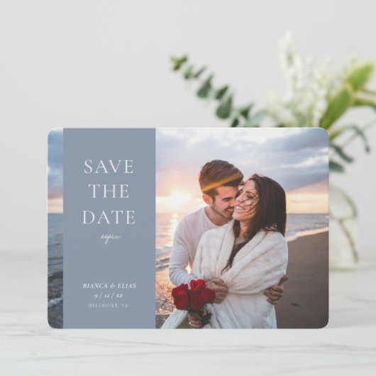 Elegantes neues Datum Modernes Script Foto Dusty B Save The Date (Stehend Vorderseite)