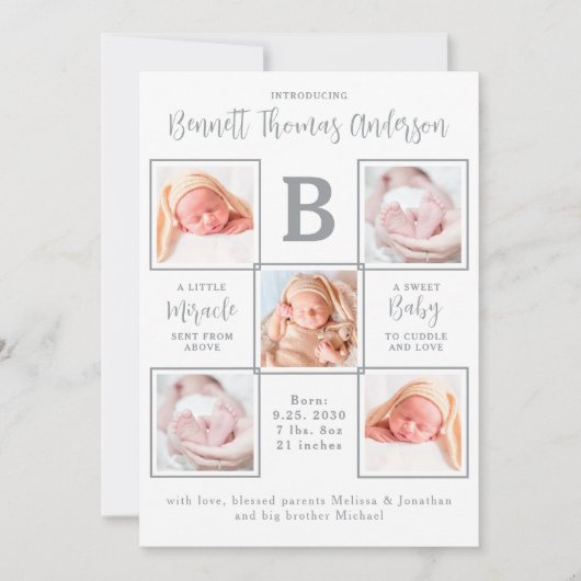 Elegantes Neugeborenes Baby Custom 5 Foto Collage Ankündigung (Vorderseite)