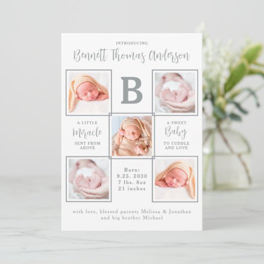 Elegantes Neugeborenes Baby Custom 5 Foto Collage  Ankündigung (Stehend Vorderseite)