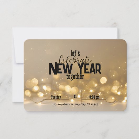 Elegantes Neujahr weiche goldene Lichter und Bokeh Einladung (Vorderseite)