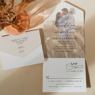 Elegantes neutrales Boho-Foto Hochzeit All In One Einladung