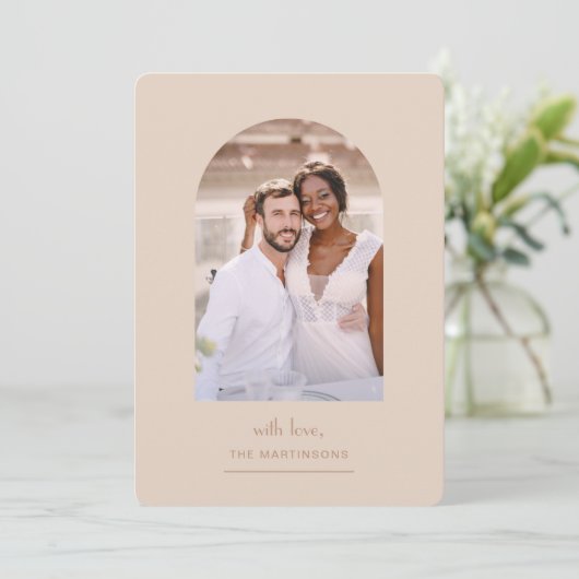 Elegantes neutrales Foto Hochzeit Dankeskarte (Stehend Vorderseite)