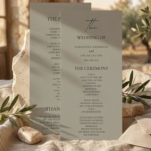 Elegantes neutrales Hochzeitsprogramm Menükarte