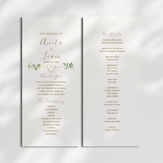 Elegantes neutrales Hochzeitsprogramm mit Grün