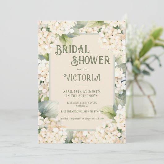 Elegantes neutrales Hydrangea-Brautparty Einladung (Stehend Vorderseite)