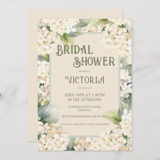 Elegantes neutrales Hydrangea-Brautparty Einladung (Vorne/Hinten)