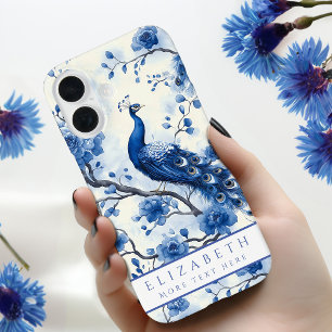 Elegantes niederländisches Delft-Blau-Blumen-Pfau- iPhone 16 Hülle