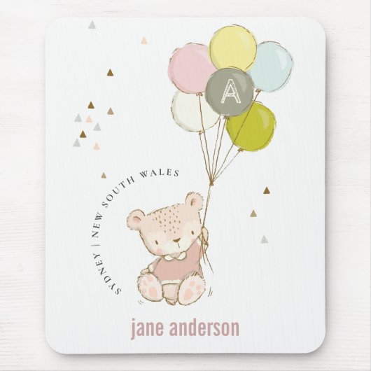 Elegantes Niedlich Blush Bärenballon Girly Monogra Mousepad (Vorne)
