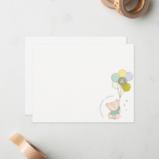 Elegantes Niedliches Blue Bar Balloon Boys Monogra Mitteilungskarte (Vorderseite/Rückseite Beispiel)