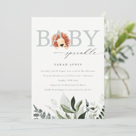 Elegantes Niedliches Boho Lion Foliage Baby Sprink Einladung (Stehend Vorderseite)