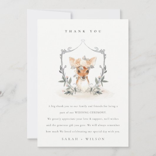 Elegantes Niedliches Dusky Deer Floral Wappen Hoch Dankeskarte (Vorderseite)