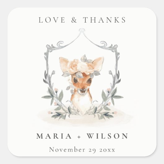 Elegantes Niedliches Dusky Deer Floral Wappen Hoch Quadratischer Aufkleber (Vorderseite)